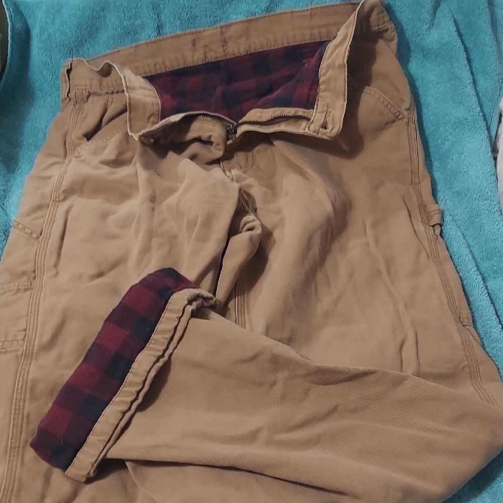 Faded Glory Tan Cargo with Flannel Buffalo Plaid Lining Sz 34